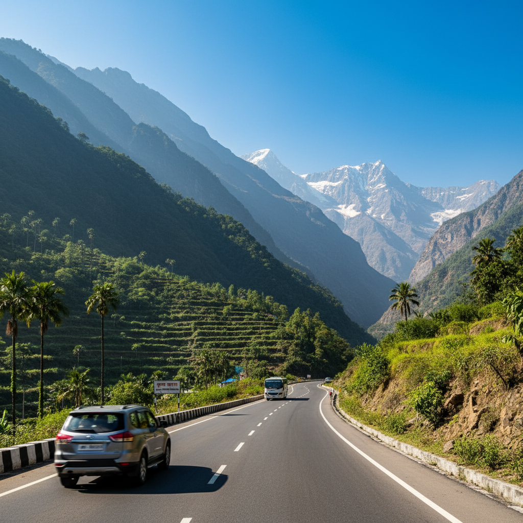 Scenic Indian highway with mountains representing comfortable travel across India